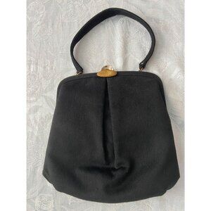 Vtg MM Malama Handbag Purse Black Wool Coin Purse Mirror Satin Lined